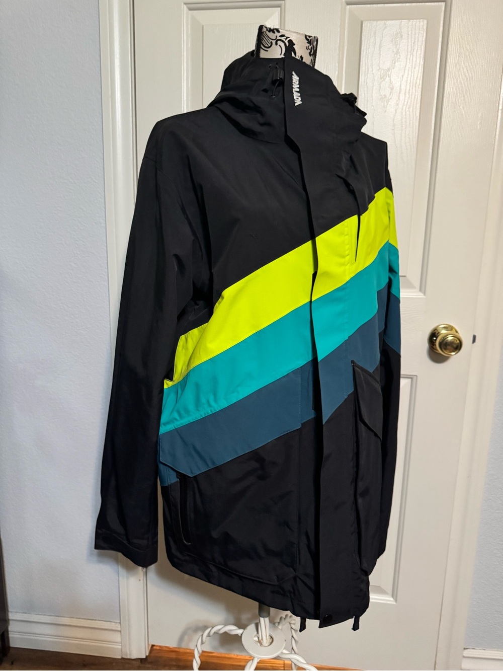 Men's Black Ski Jacket with Lime & Teal Chevron Stripes
